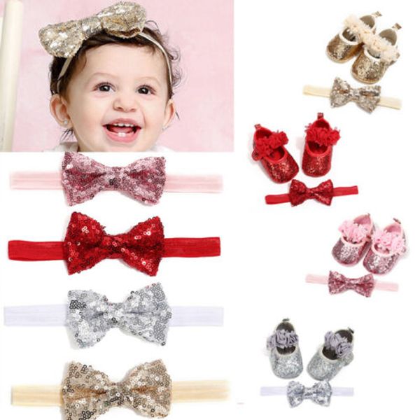 

bling sparkle sequins pu infant newborn baby girls crib shoes+headband 0-18m baby casual shoes bowknot prewalker, Black