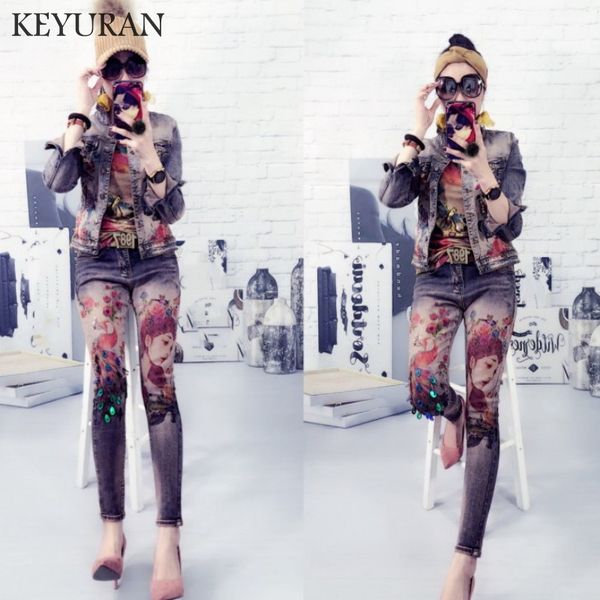 

flowers printed sequined peacock denim duit elastic material fashion trends women bronzing thin jeans set sportswear outfit, White