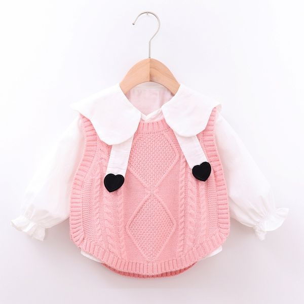 

schattige autumn baby girl long sleeve shirts kids cute knitted sweater vest casual outfits set cotton soft kids blouse, White