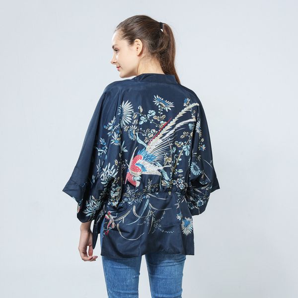 

blouse woman women clothes harajuku summer women japanese kimono phoenix printed bat sleeve regular loose cardigan sun protection blouse, White