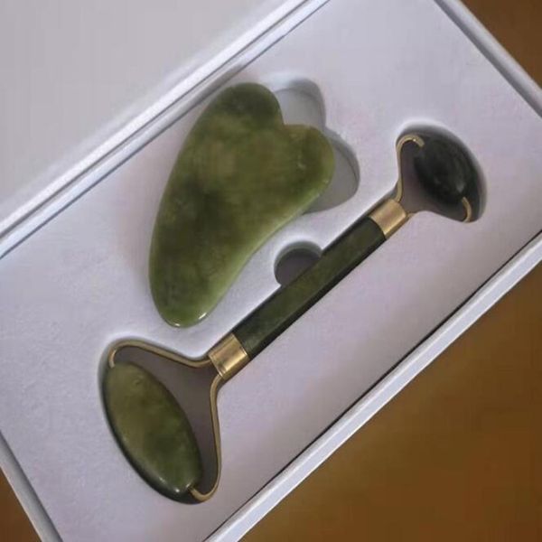 Die DHL-freie Jade-Push-Set-Geschenkbox enthält einen natürlichen Jade-Schönheitsbehälter, ein Jade-Roller-Schabbrett-Gesichtsmassagegerät