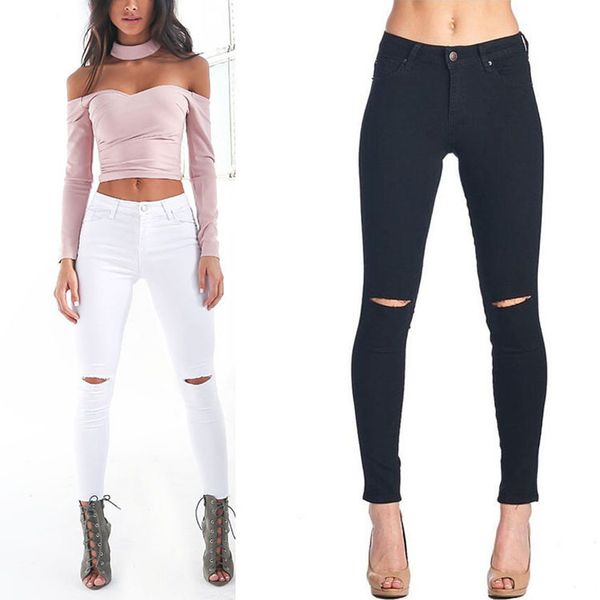 

2016 europe and america wish selling knee with holes elasticity slim fit straight-cut high-waisted skinny jeans, Blue