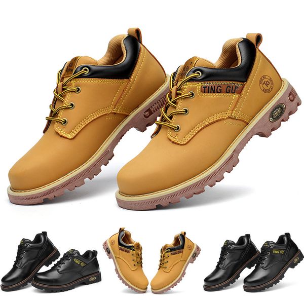 

men women shoes couple anti-smash leather work shoes safety training toe lace-up ankle flat boots, Black