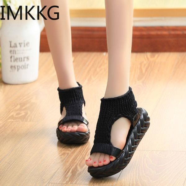 

summer causal med heels sandals women knitting wool peep toe ladies platform shoes solid comfortable fashion wedge sandals, Black