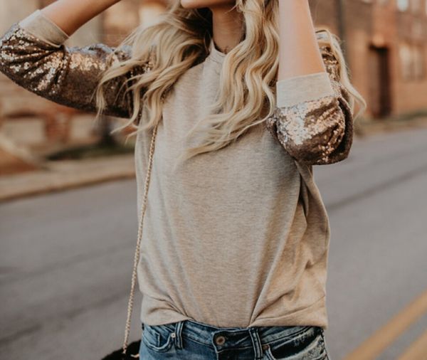 

women's hoodie sequined sleeve shirt o neck sweatshirt long sleeve ladies jumper pullover patchwork coat, Black