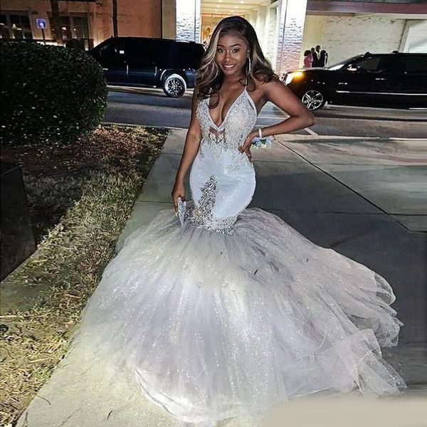 

african black girls prom dresses with deep v neck beaded lace appliqued mermaid evening gowns plus size back party vestidos de fiesta