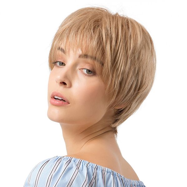 

popular blonde layered human hair wig silky natural short cosplay wigs&bangs, Black