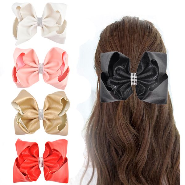 

8 inch kids women hair accessories synthetic leather large hair bows rhinestone hair] clips for girls barrettes bows headwaer, Slivery;white