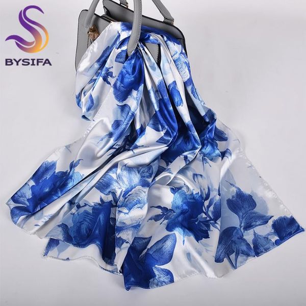 

bysifa] blue white roses women silk scarf cape 2020 new spring satin long scarves wraps elegant ladies head scarf 160*70cm, Blue;gray