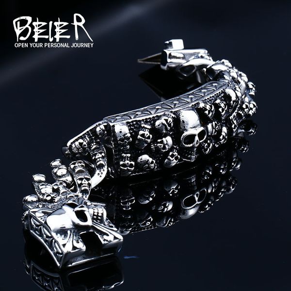 

beier punk rock skull men bracelets & bangles biker stainless steel chain jewelry dropshipping bc8-059, Golden;silver