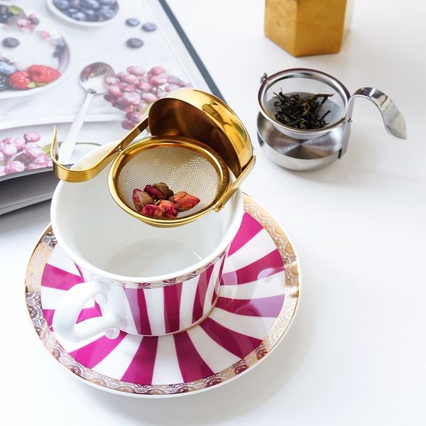 

stainless steel rotating fine tea mesh tea strainer tea infuser with handle gold
