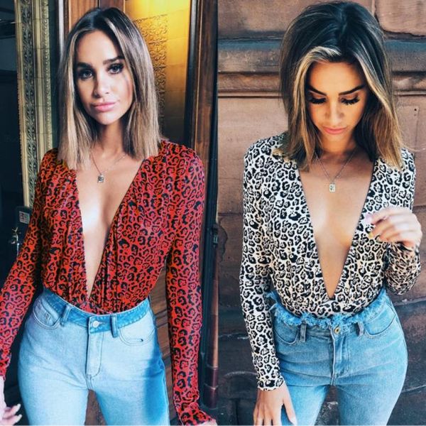 

bkld bodysuits 2020 red long sleeve bodysuit leopard print bodysuits women jumpsuit party deep v neck women jumpsuit romper, Black;white