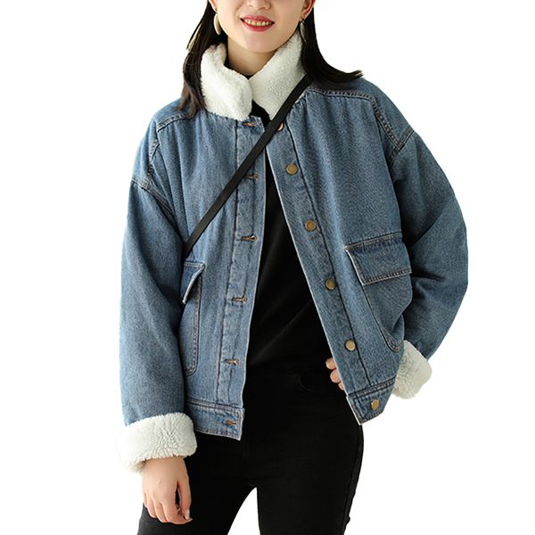 

jacket winter new women denim jacket thermal insulation imitation lamb wool lining plus velvet loose short coat z116, Black
