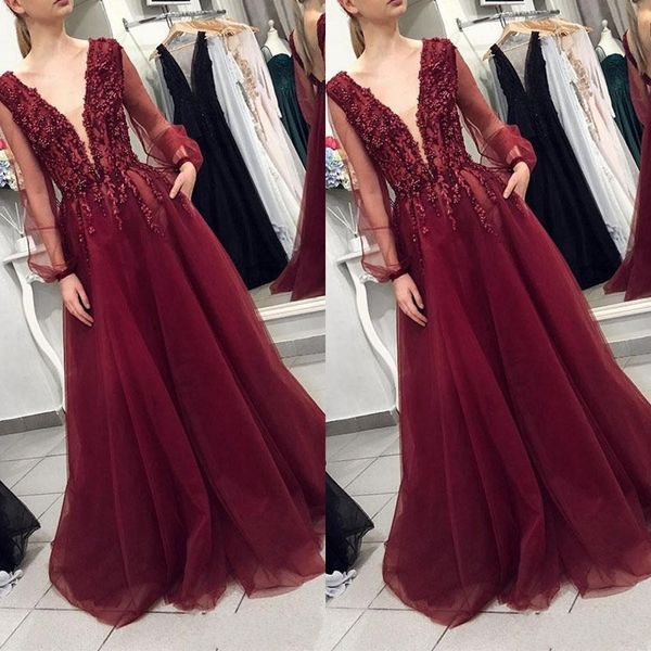 

burgundy sexy пром платья глубокий v шеи с длинными рукавами кружева аппликации кристалл бисера иллюзия тюль sheer backless формальное парти, Black