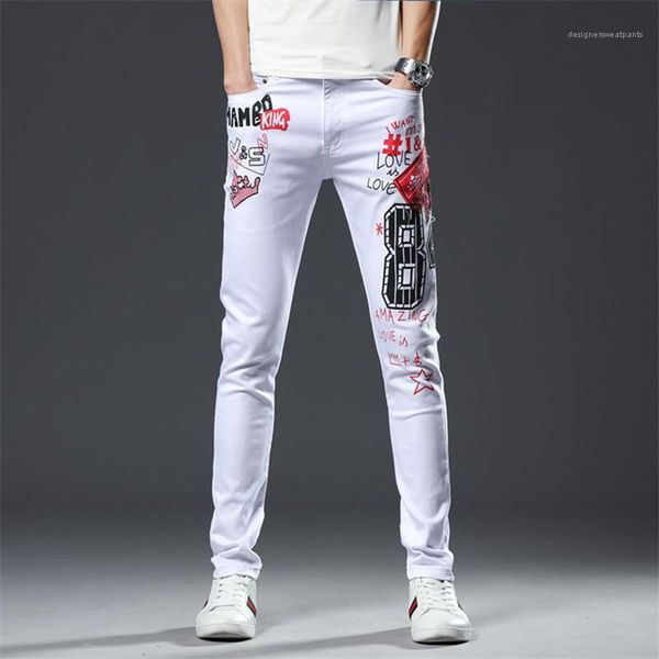 

fly pencil pants homme light washed long trousers mens designer white jeans fashion print slim zipper, Blue