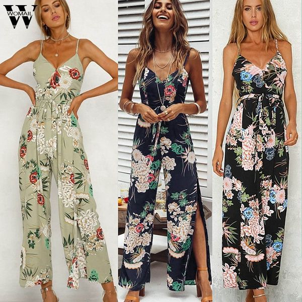 

womail bodysuit women summer fashion strappy floral slit long trouser playsuits jumpsuit rompers holiday new 2019 dropship m4, Black;white