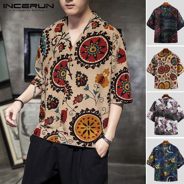 

men's casual shirts men vintage shirt cotton breathable blouse half sleeve camisa v neck chinese style printed streetwear s-3xl, White;black