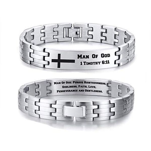 

personalized men's chain link id bracelet stainless steel silver color inside outside customized payer christan jewelry, Golden;silver