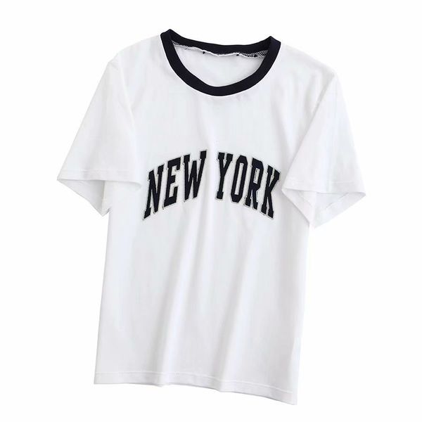 

t208 ladies basic letter print color contrast edge white casual t shirt short sleeve t-shirt tee clothings