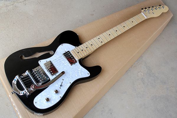 

wholesale factory custom black body electric guitar with maple fingerboard,tremolo bridge,white pearl pickguard,2 pickups,can be customized