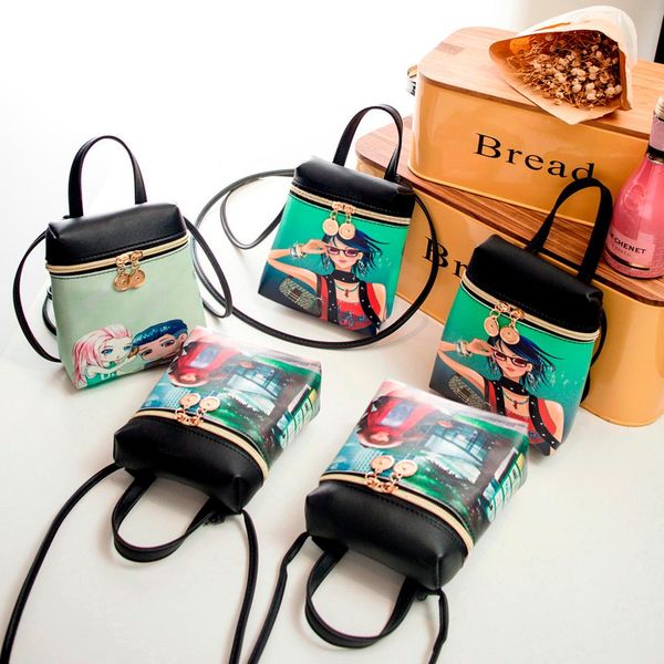 

women's mobile phone bag cartoon print female messenger shoulder bags crossbody cute fashion pu leather bags mini bear handbag#d