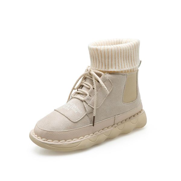 

lzj autumn and winter women's high boots nubuck plus velvet warm casual sneakers round toe lace-up student flat boots mx200320, Black