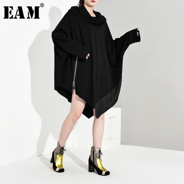 

eam] сыпучие fit негабаритные асимметричный толстовка новый раунд шеи длинным рукавом женщины большой размер мода осень зима 2020 1b1950, Black