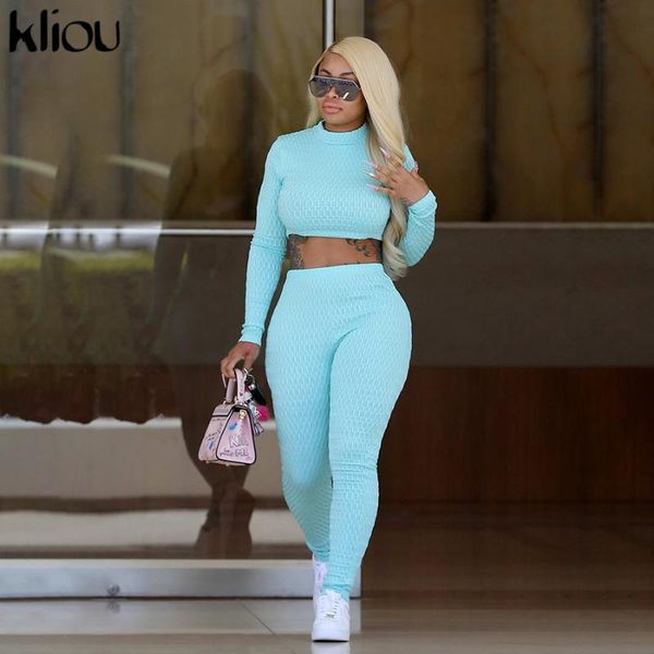 

kliou women fitness 2 pieces set solid color plaid tracksuit long sleeve turtleneck crop + elastic push up leggings outfits, White