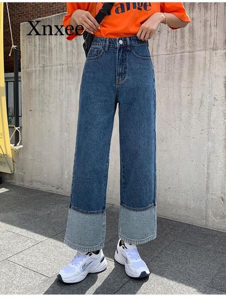 

high waist straight jeans women wide leg jeans mujer plus size denim pants patchwork vintage boyfriends mom maxi korea, Blue