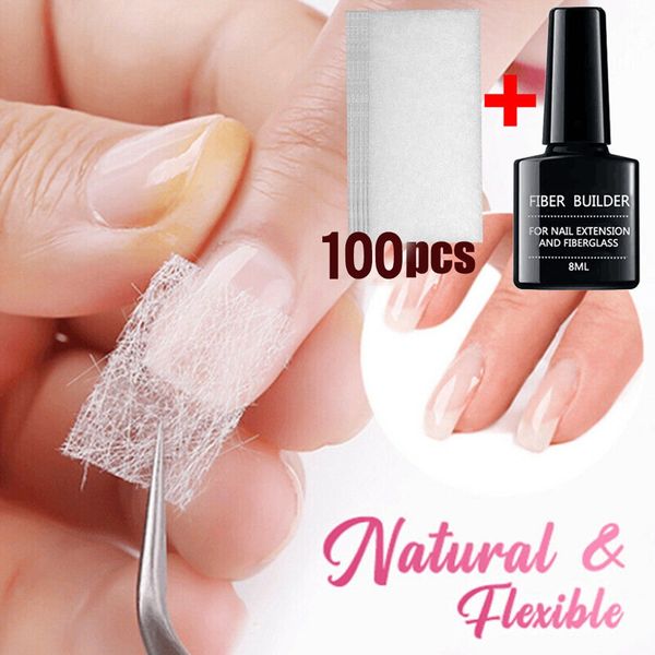 

100pcs nail art non-woven silk fiberglass gel tips extension fiber kit uk uv gel building fiber french acrylic diy manicure, Red;pink
