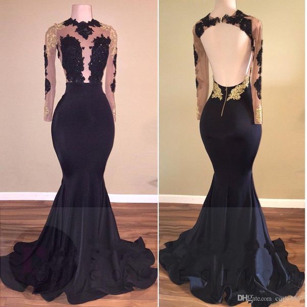 

2019 new african black and gold mermaid prom dresses high neck open back long sleeve prom evening gowns vestidos de novia aw482