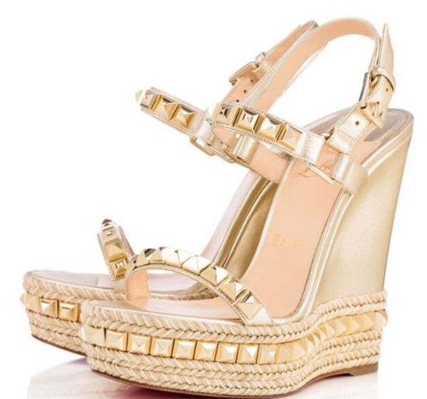 

summer ladies red bottom wedge cataclou sandals gold patent leather studded ladies ankle strap women's pumps party dress eu35-42,with b, Black