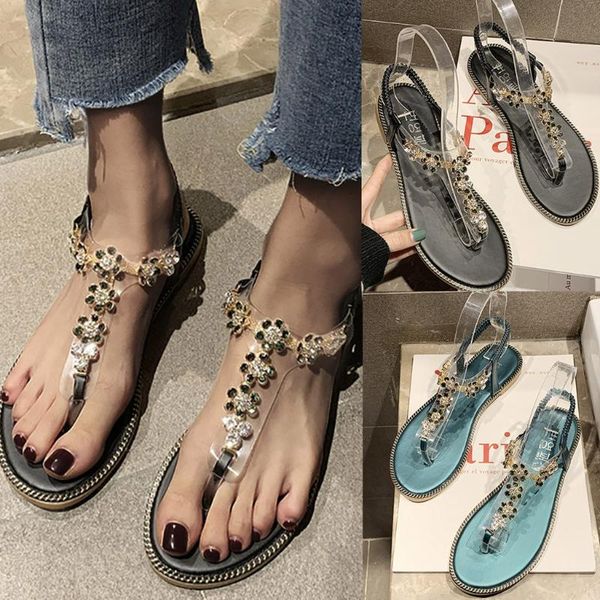 

woman sandals 2020 t-strap flat sandals women soft casual crystal flower women summer low heel beach shoes woman 3.30, Black