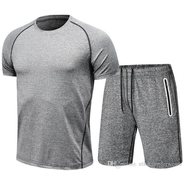 

mens running одежда комплекты лето с коротким рукавом спортивные костюмы мода o-образным вырезом tee шорты 2pcs gym костюм, Gray