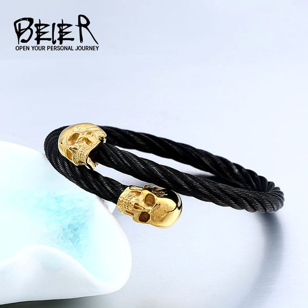

beier 316l stainless steel punk golden skull men's bracelet cool adjustable jewelry llbrg-016g, Black