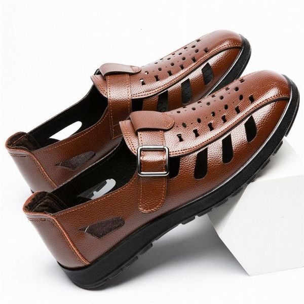 

из натуральной кожи мужские сандалии дышащий выдалбливают классическая летняя mens flat sandals твердая резиновая кожа мужской повседневный, Black