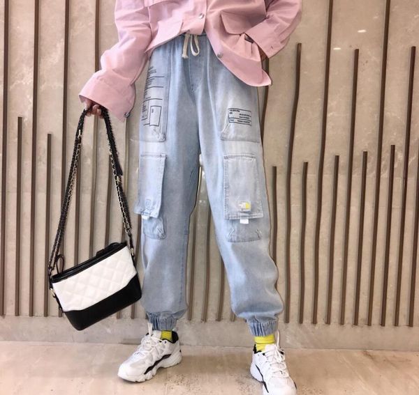 

spring new brand womens designer jeans street fashion cotton loose jeans beam feet light blue thin pants