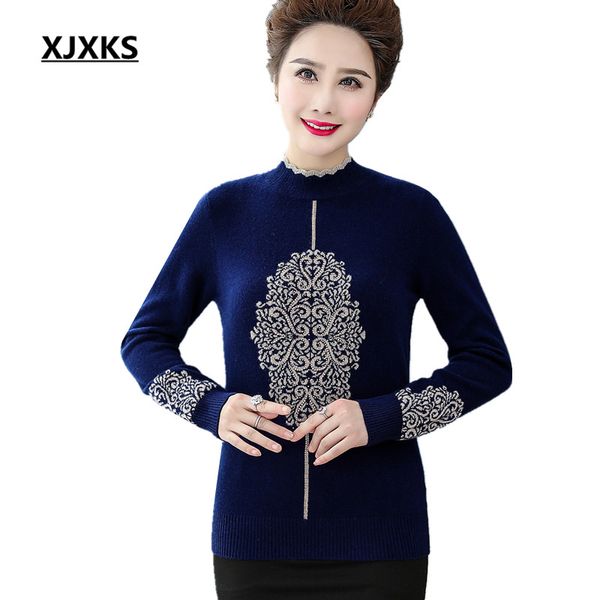 

xjxks loose plus size women printed sweater 2019 winter warm thickening new high-end 100% wool knitted turtleneck sweater women pullover, White;black