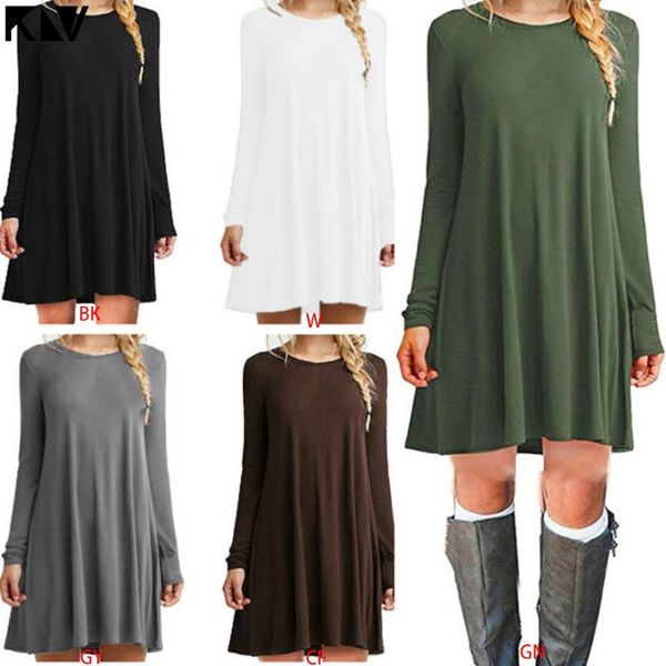 

women plus size long sleeve loose midi long t-shirt dress solid color casual pleated swing round neck pullover streetwear s-2xl, Black;gray
