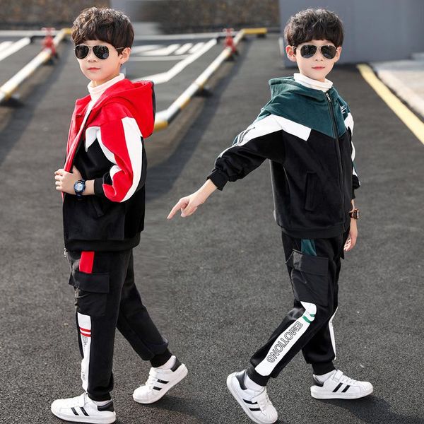 

children's clothing autumn and winter jacket with velvet zipper cardigan sweater pants boys sports suit thick coat casual trousers 2 se, White