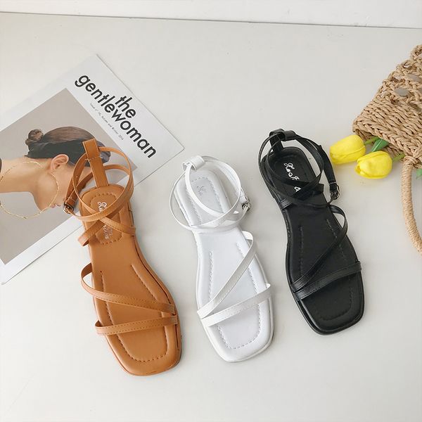 

low sandals woman leather open toe buckle all-match 2020 women's ladies shoes summer ankle strap suit female beige low-heeled, Black