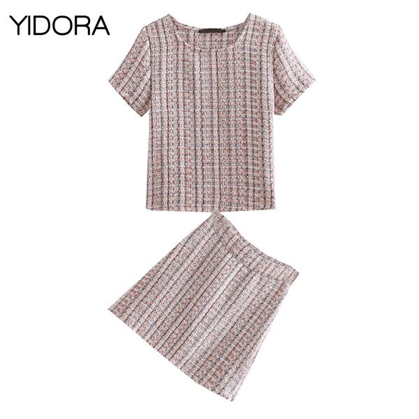 

women 2018 round neck short sleeve tweed t-shirt + tweed mini skirt - ladies/female multicolor weave tees skirt 2 piece set, Gray