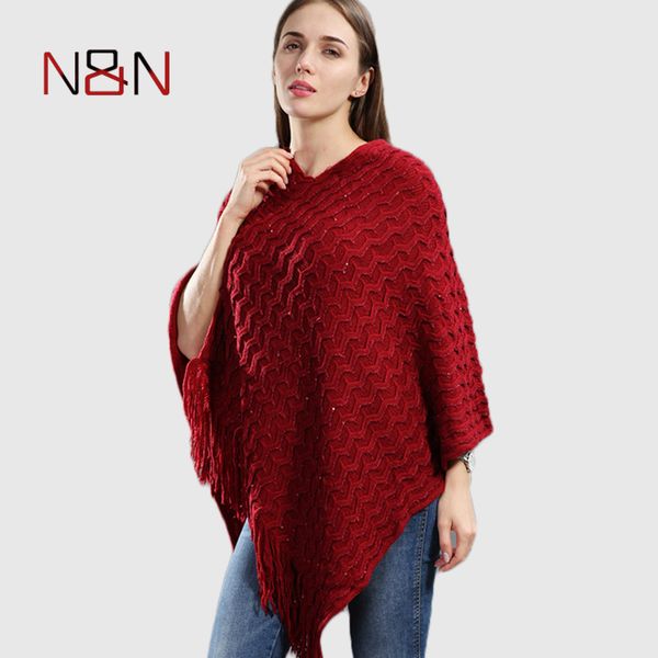 

knitted pullover women poncho plus size batwing solid striped sequins scarf winter thick tassel sweater sleeve poncho and capes y200104, Blue;gray
