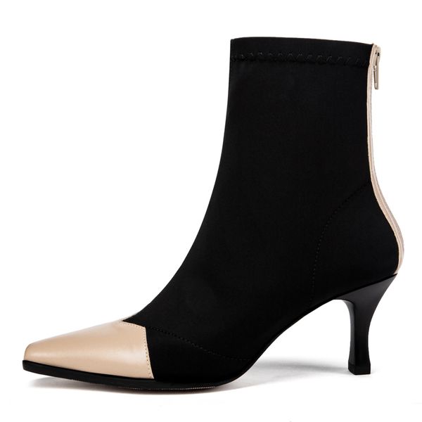 

2019 new sock boots winter boots women zipper flock mid calf female square toe black thin high heels autumn shoes woman