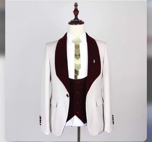 

men suits 2018 slim fit formal wedding suits for men burgundy shawl lapel ivory tuxedos groom party prom suit ternos 3 pieces, White;black