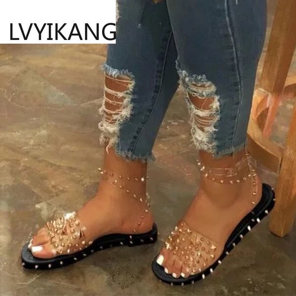 

summer sandals woman buckle strap transparent pvc rivet female shoes women's sandalias plus size 35-43 fashion sandalias mujer, Black