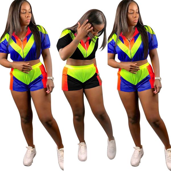

women tracksuit 2 piece set summer clothing casual mesh panelled contrast color zipper short sleeve crop fashion skinny mini shorts 495, White
