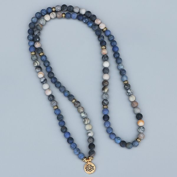 

edothalia 108 beads mala lotus bracelet 8mm matte blue & picasso stone women men meditation yoga bracelets drop ship y200807, Black