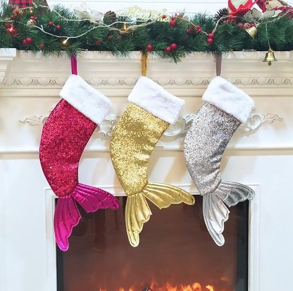 

sequin mermaid tail christmas stockings gift kids candy bag christmas tree ornament home party decor large size xmas gifts bag