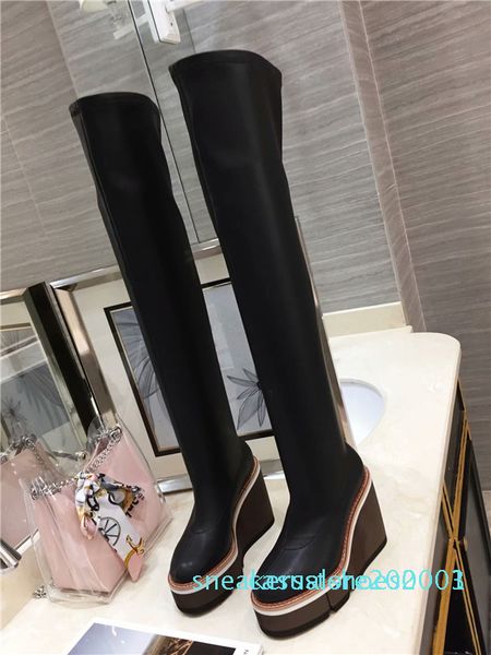 

thick-soled skinny boots female round toe stretch over the knee boots autumn winter new super high-heeled wedge heel stovepipe s03, Black